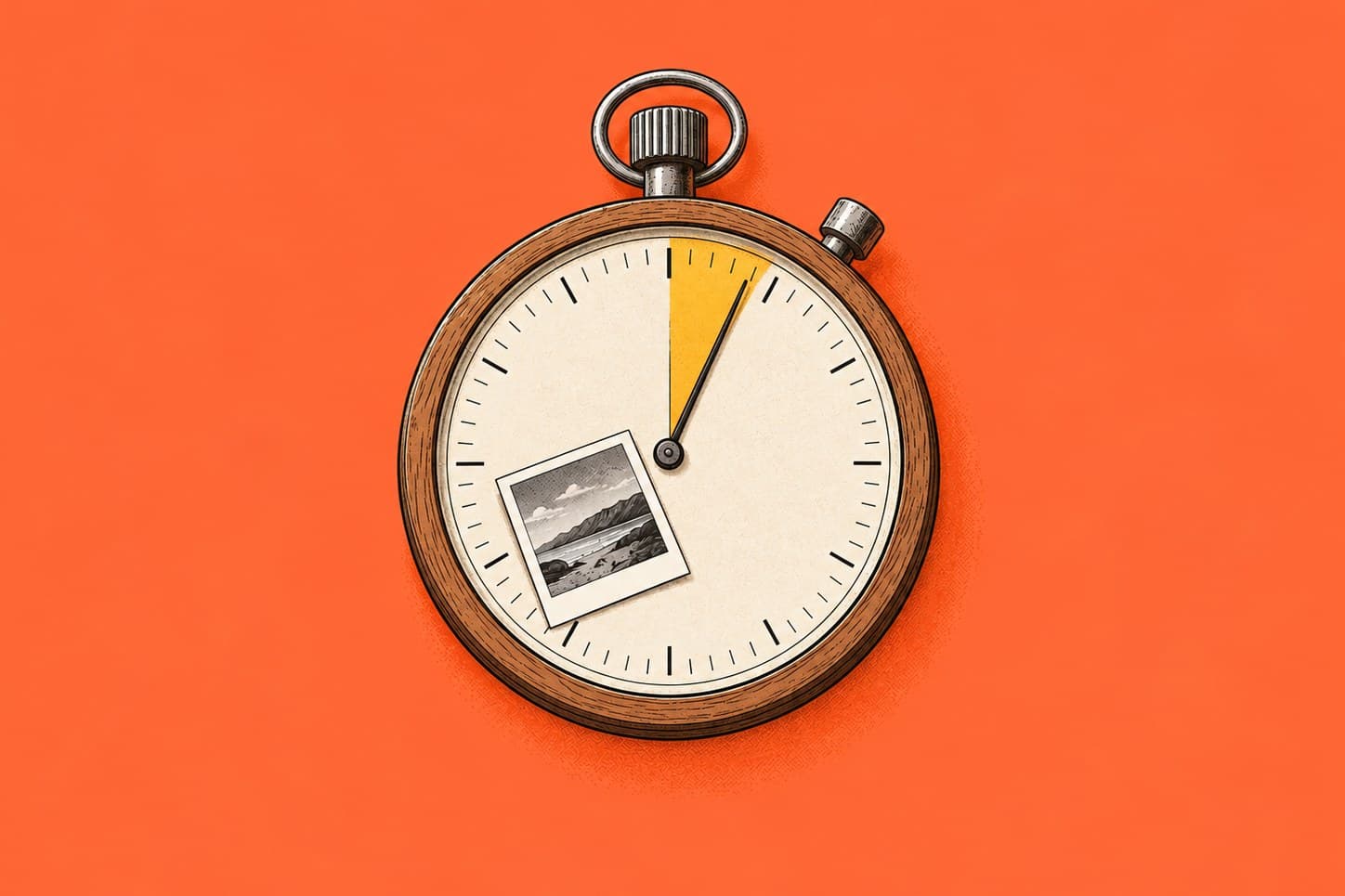A stopwatch seen from above, its cream dial almost entirely empty with one narrow amber wedge filled in near the top, and a single small black and white photographic print resting on the face.